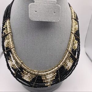 Vintage Gold, White and Black Seed Beaded Layered Statement Bib Necklace Unique